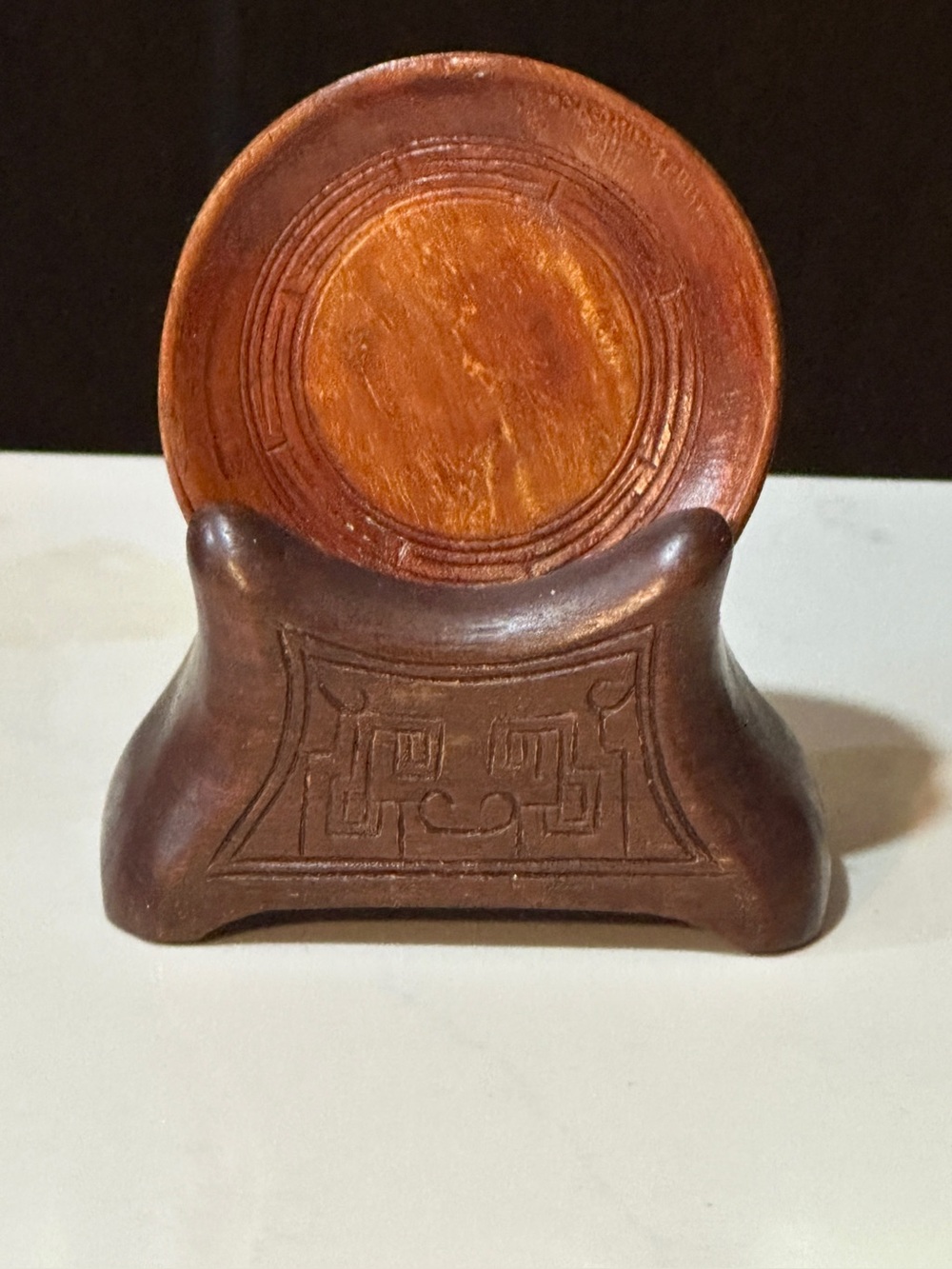 Vintage Hand Carved Wooden Coaster Set and Holder Geometric and Scroll Carving